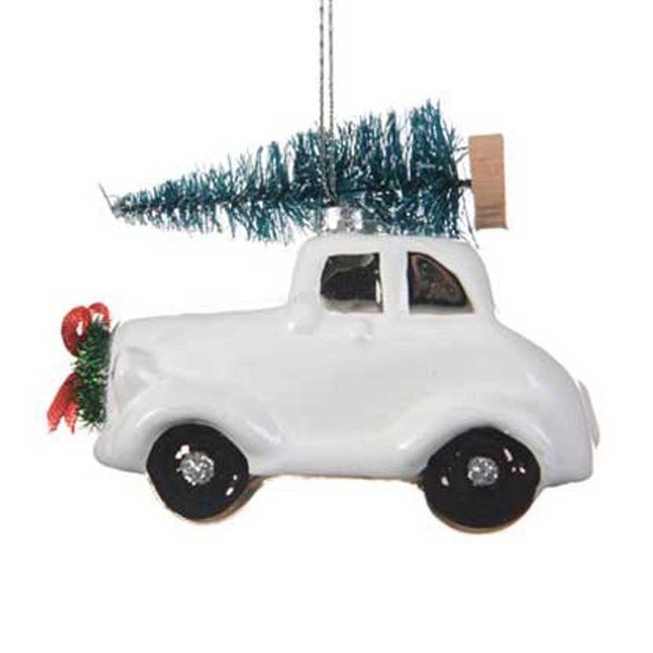 Χριστουγεννιάτικο Κρεμαστό Γυάλινο Αυτοκίνητο, Λευκό με Δεντράκι (9cm)